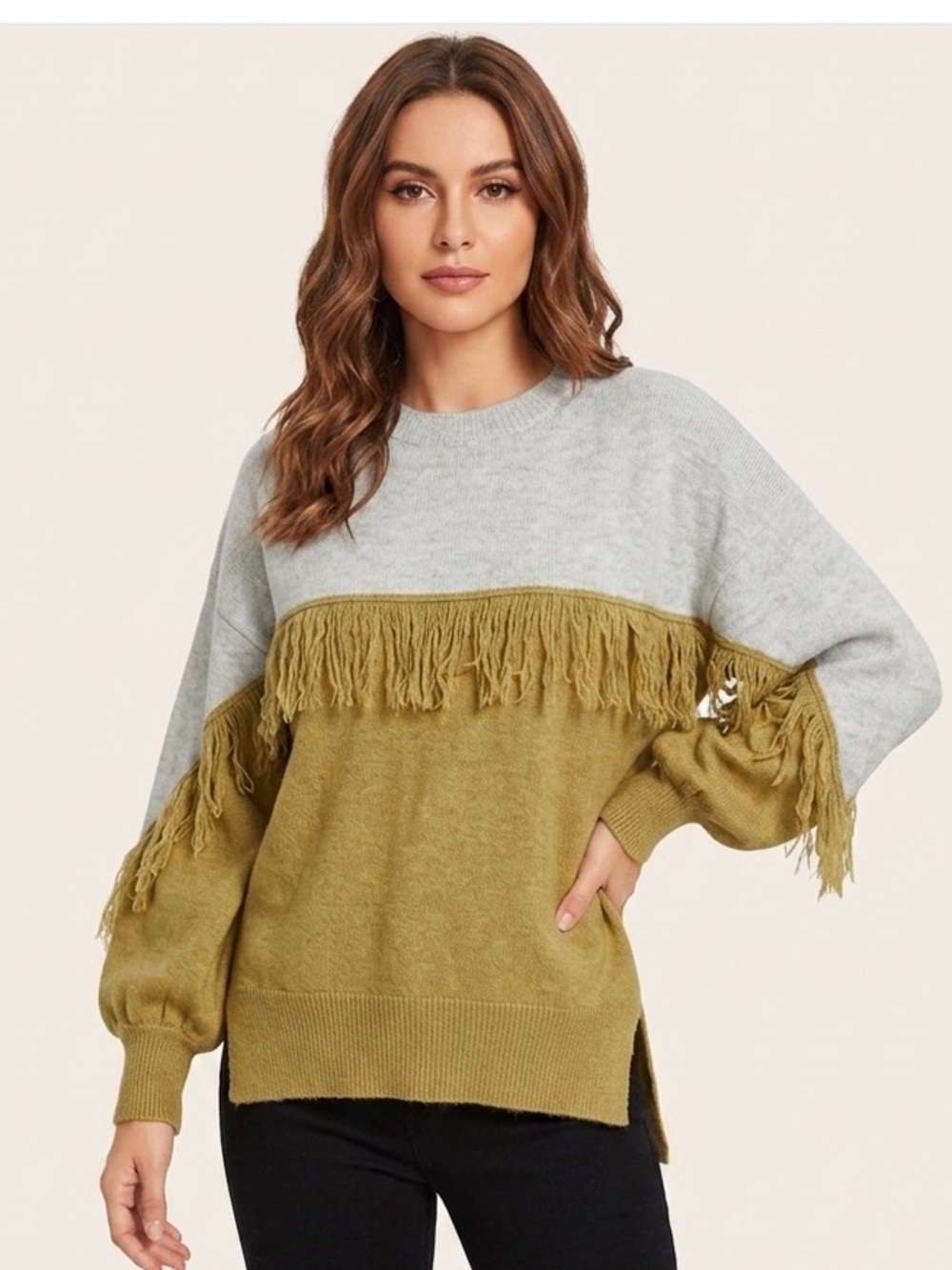 Shein Two Tone Fringe Trim Sweater